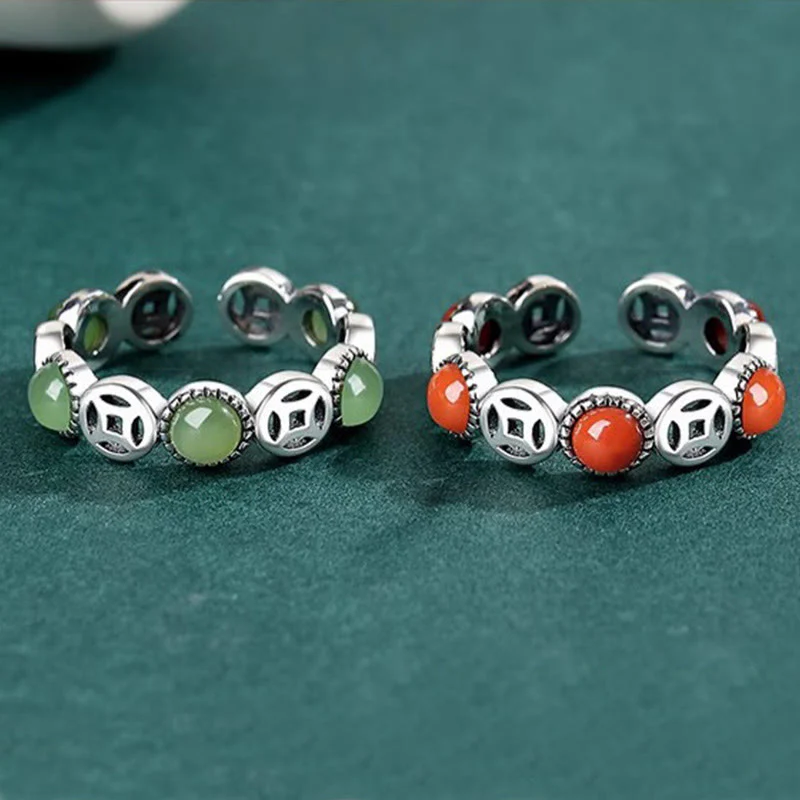 Buddha Stones Jade South Red Agate Copper Coin Prosperity Luck Open Ring