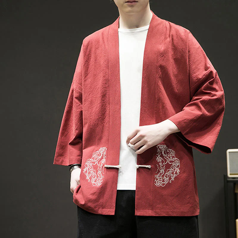 Buddha Stones Chinese Frog-Button Design Open Front Jacket Men's Cotton Linen Kimono