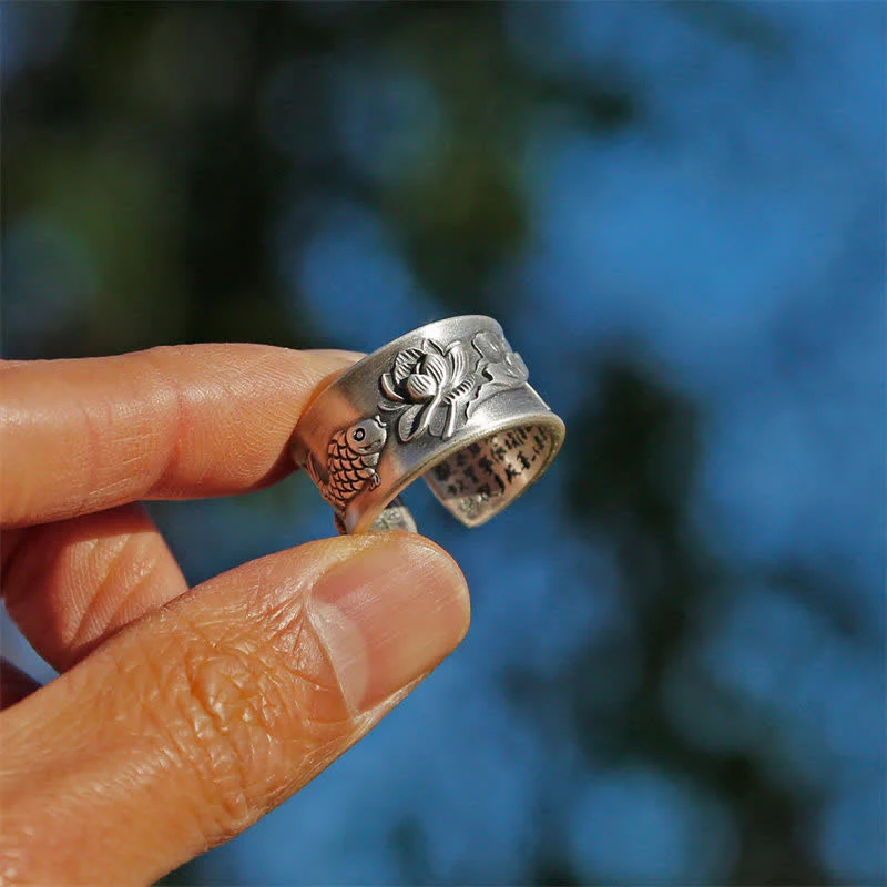 Buddha Stones 999 Sterling Silver Luck Koi Fish Lotus Heart Sutra Wealth Ring