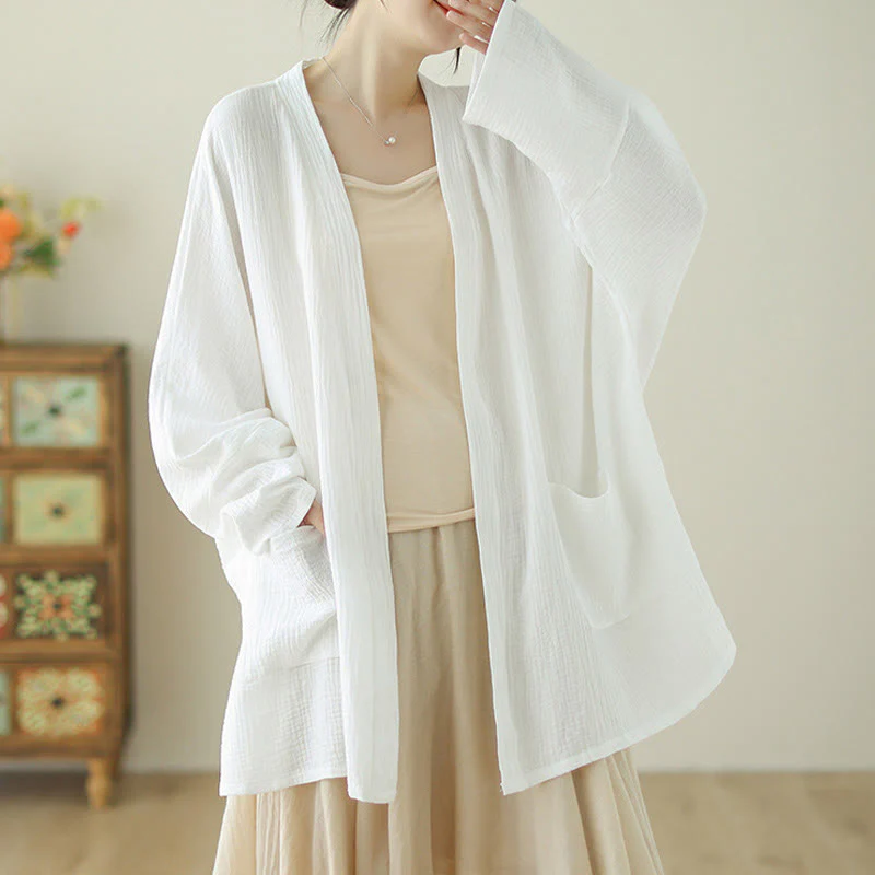 Buddha Stones Plain Long Sleeve Zen Meditation Cotton Linen Jacket With Pockets