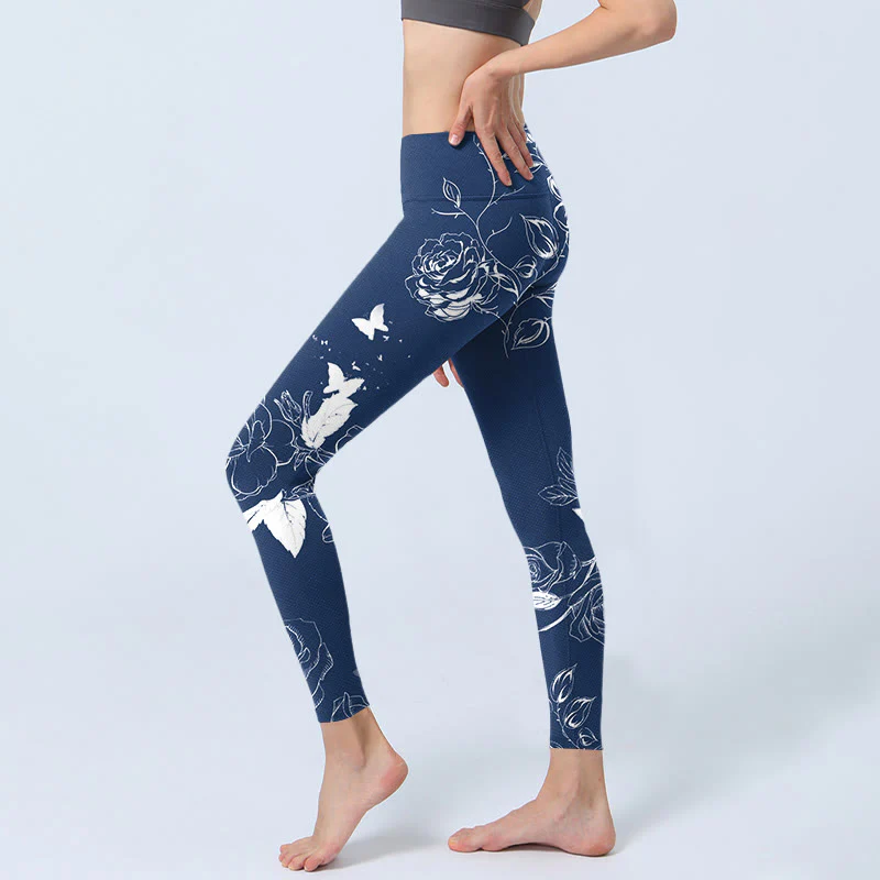 Buddha Stones Blue Rose Butterfly Print Sports Leggings Women's Yoga Pants