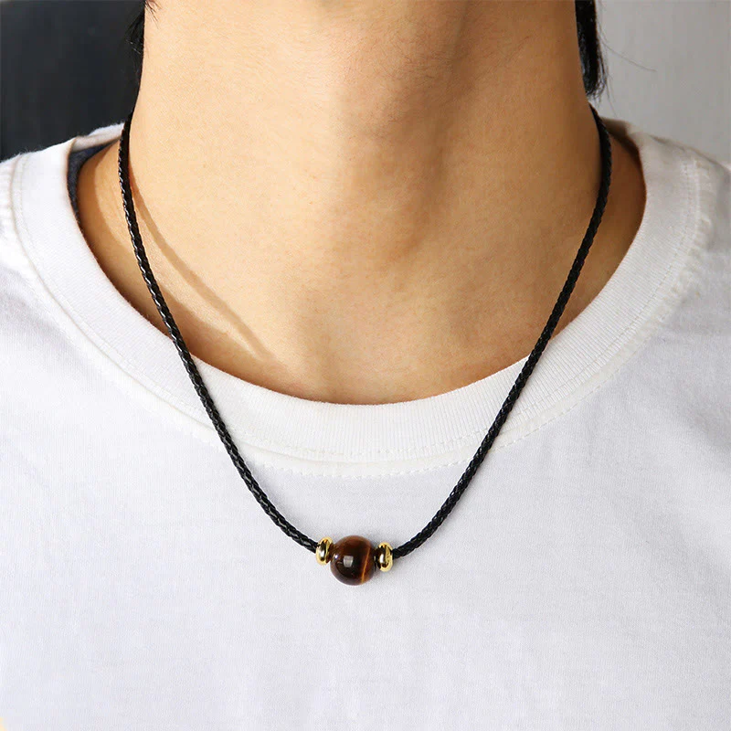 Buddha Stones Natural Tiger Eye Beaded Protection Wax Rope Necklace Pendant