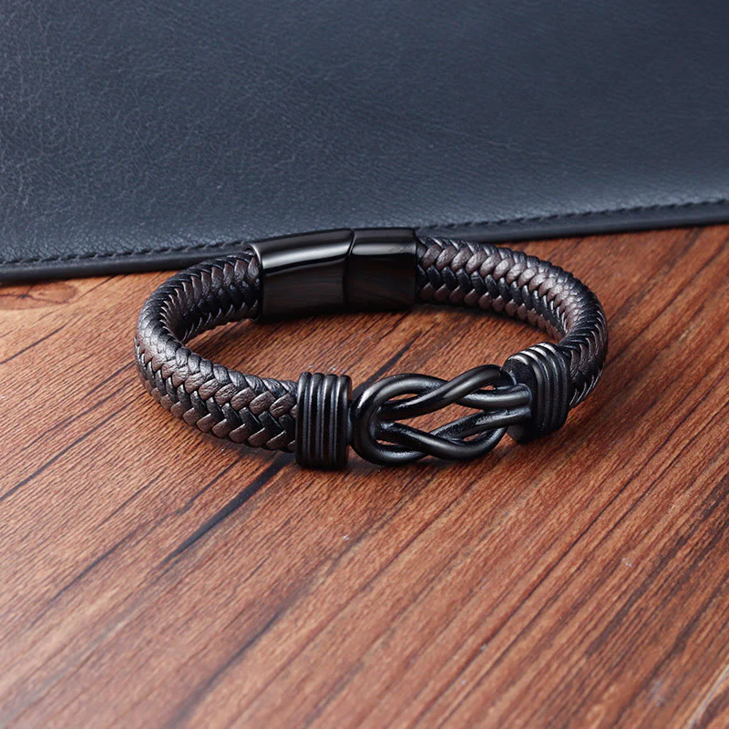 Buddha Stones Endless Knot Pattern Titanium Steel Balance Leather Buckle Bracelet