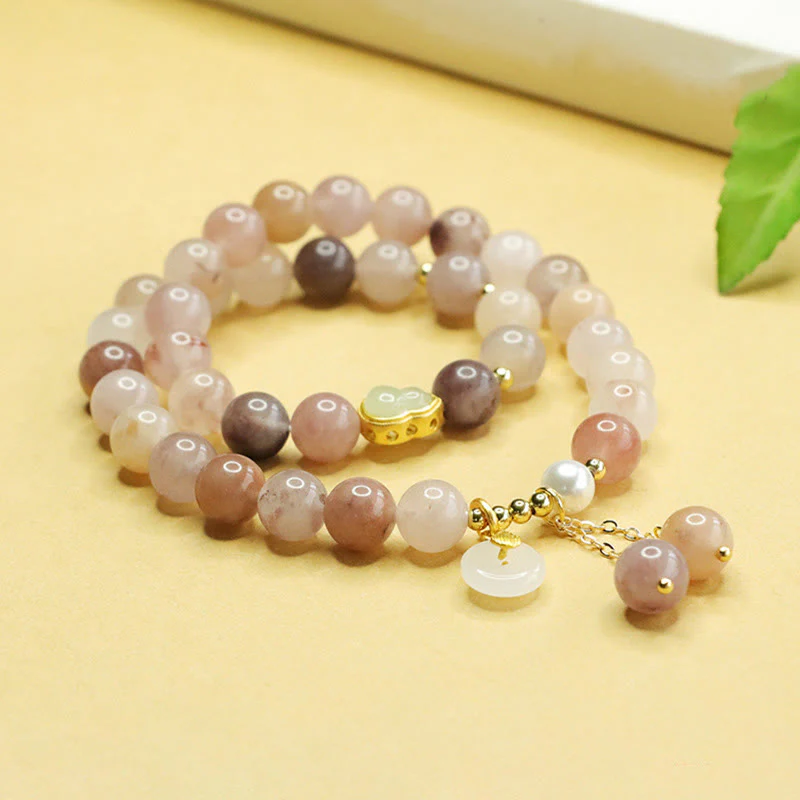 Buddha Stones Natural Golden Silk Jade Double Layer Gourd Peace Buckle Luck Bracelet