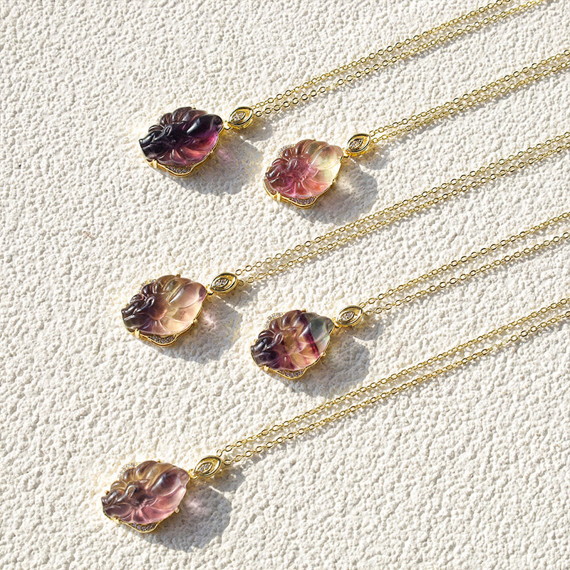Buddha Stones Natural Colorful Fluorite Nine Tailed Fox Protection Necklace Pendant
