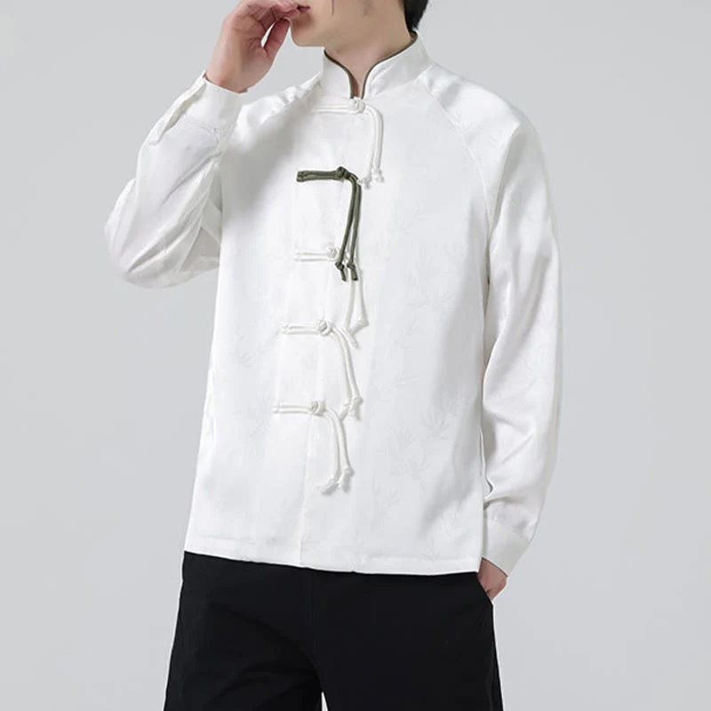 Buddha Stones Spring Jacquard Bamboo Leaves Pattern Chinese Frog-Button Design Men's Long Sleeve Shirt