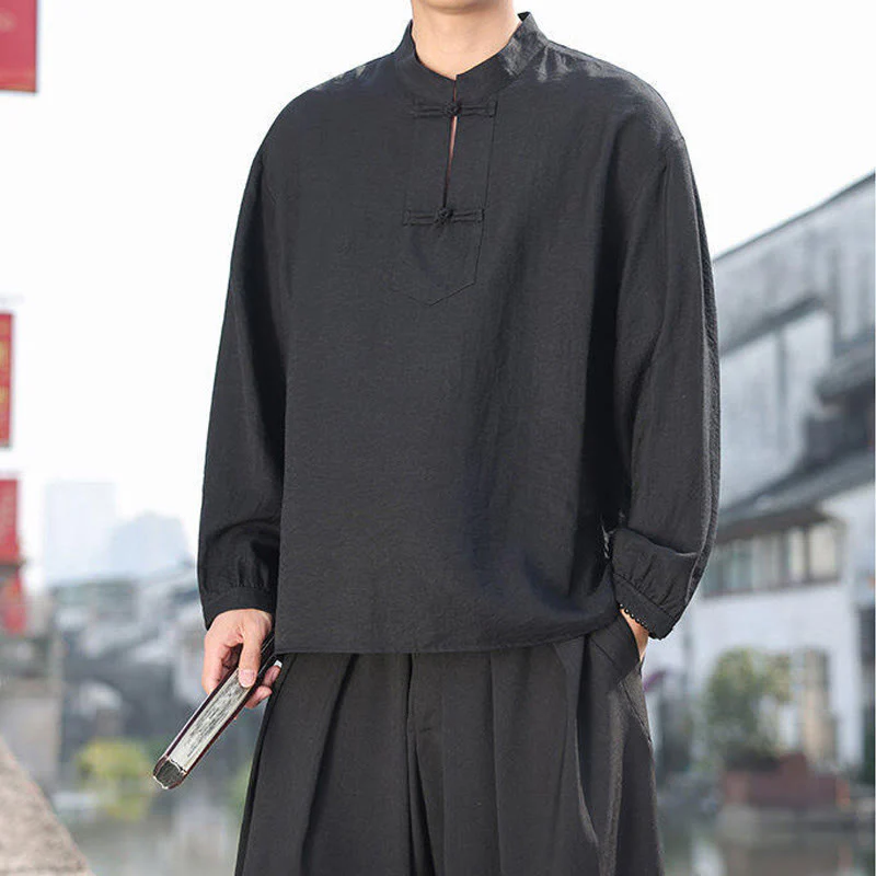 Buddha Stones Two Frog-Button Stand Collar Long Sleeve Men's Cotton Shirt