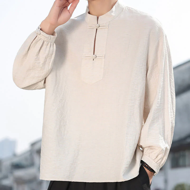 Buddha Stones Two Frog-Button Stand Collar Long Sleeve Men's Cotton Shirt