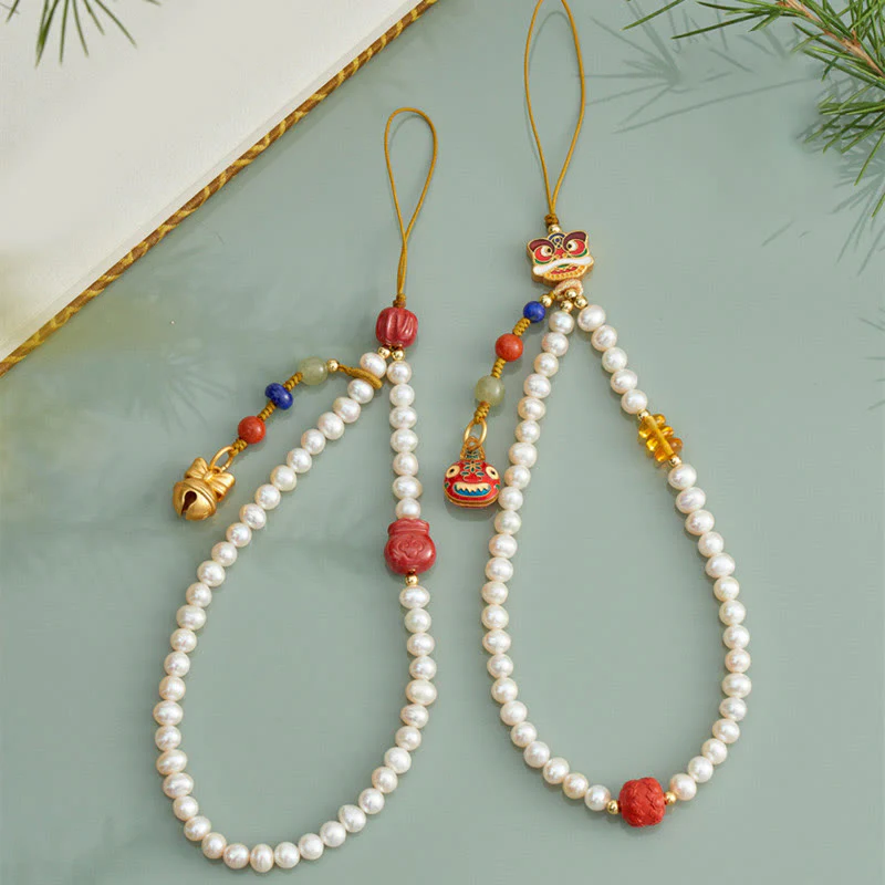 Buddha Stones Natural Pearl Cinnabar Money Bag Bell Gold Swallowing Beast Dancing Lion Healing Phone Hanging Decoration