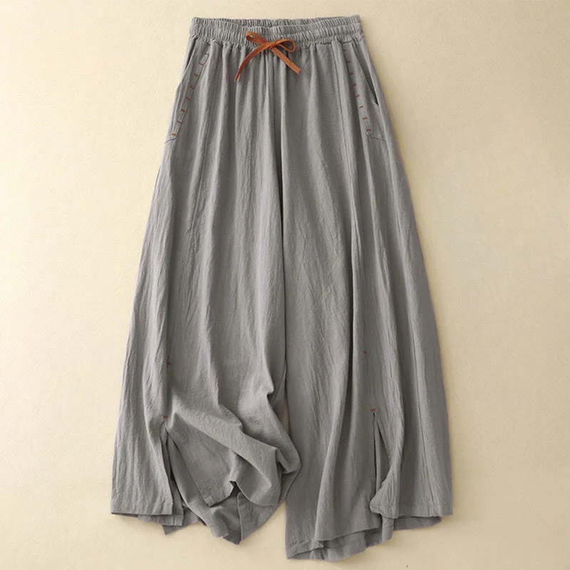 Buddha Stones Casual Simple Design Drawstring Split Cotton Linen Women's Wide Leg Pants With Pockets