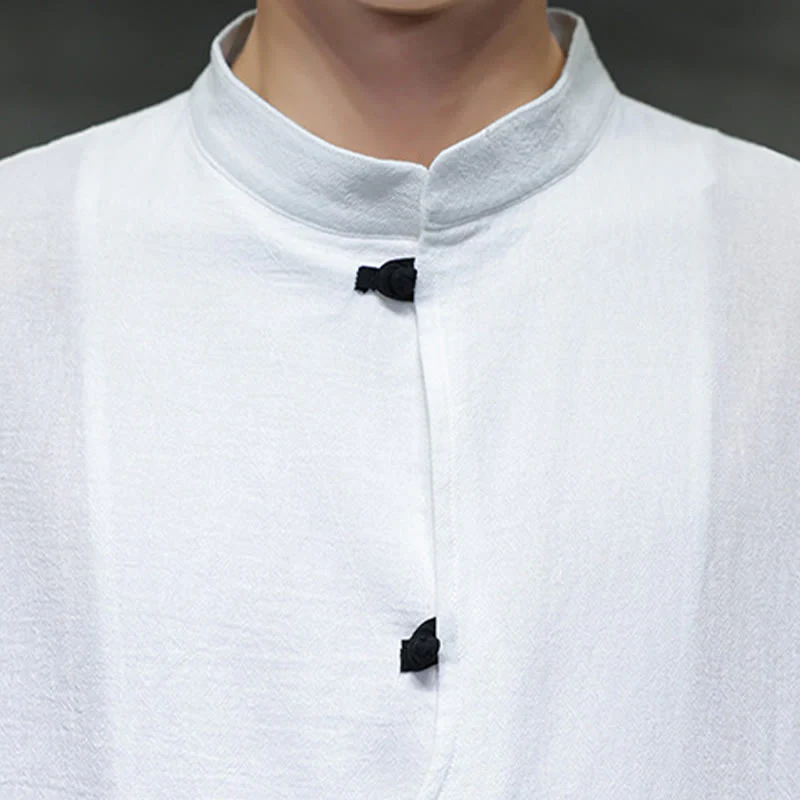 Buddha Stones Casual Plain Chinese Frog-Button Stand Collar Cotton Linen Men's Shirt