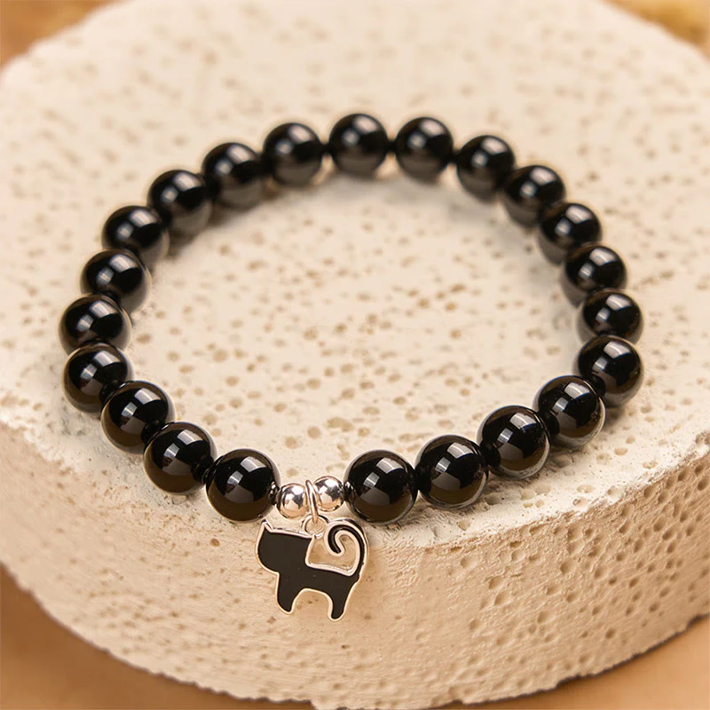 Buddha Stones 925 Sterling Silver Kitten Charm Black Cat Natural Black Onyx Protection Bracelet