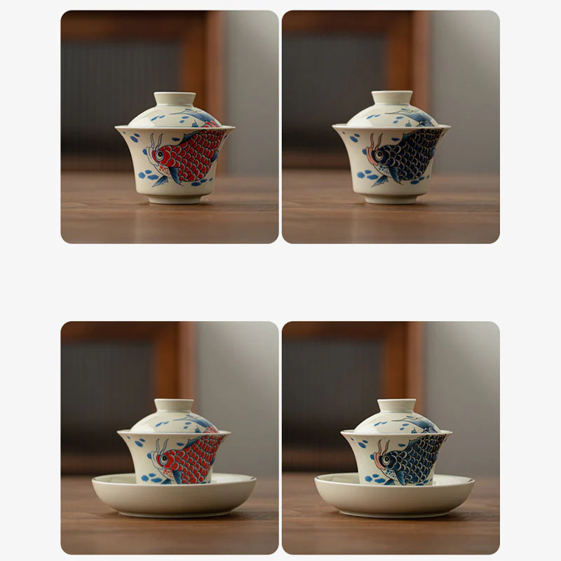 Buddha Stones Koi Fish Arowana Ceramic Gaiwan Sancai Teacup Kung Fu Tea Cup With Lid 130ml