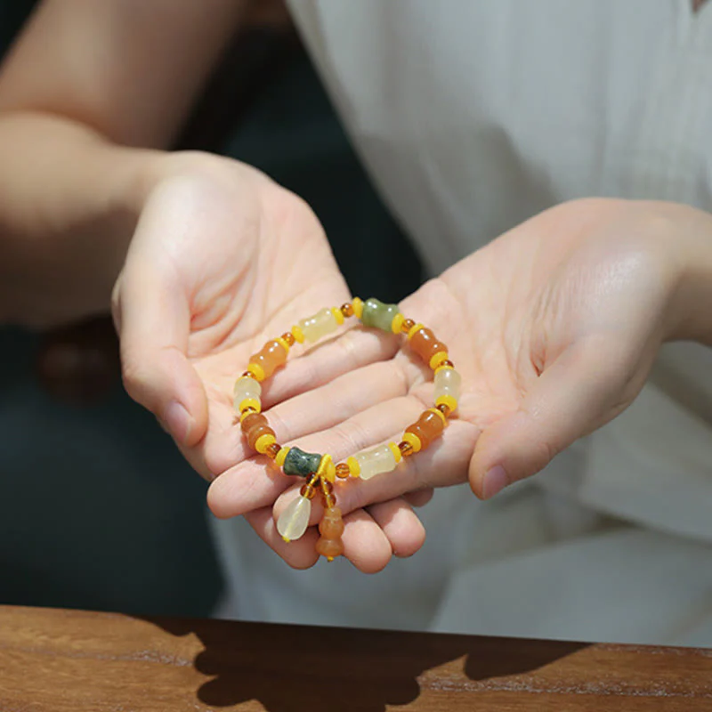 Buddha Stones Natural Golden Silk Jade Gourd Wealth Charm Bracelet