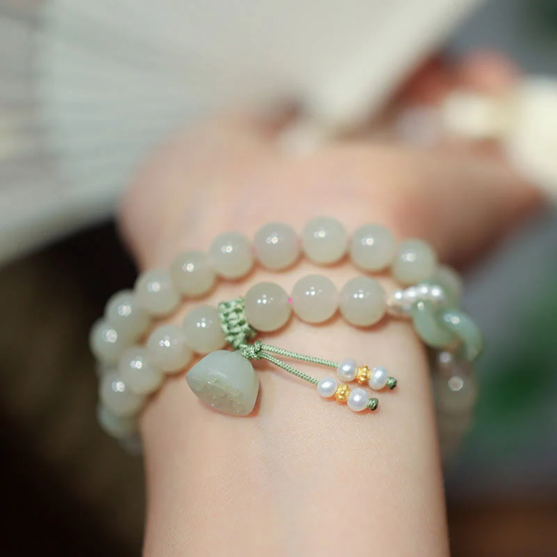 Buddha Stones 925 Sterling Silver Hetian Jade Double Peace Buckle Lotus Luck Double Wrap Bracelet