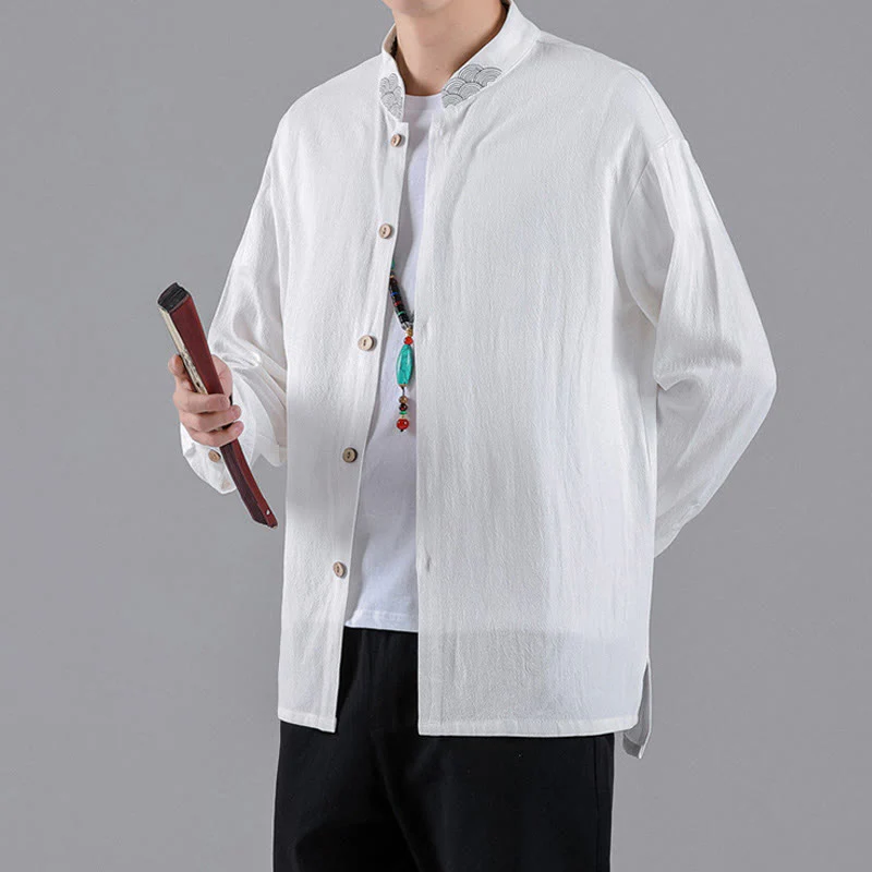 Buddha Stones Embroidered Auspicious Clouds Stand Collar Button Down Long Sleeve Men's Cotton Shirt