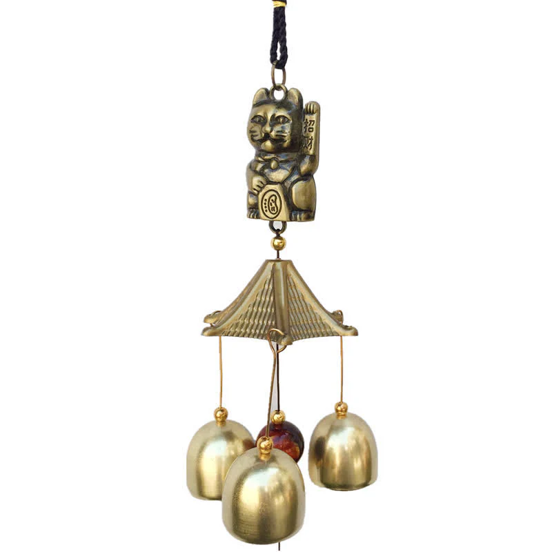 Buddha Stones Auspicious Wealth Cat Wall Hanging Chime Bell Copper Luck Handmade Home Decoration