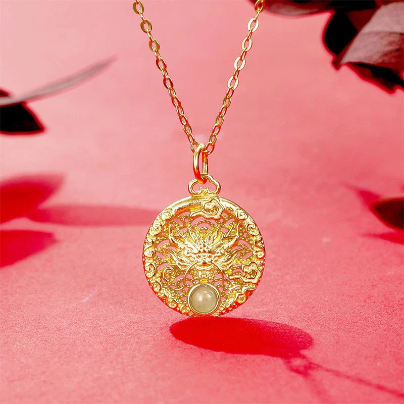 Buddha Stones 925 Sterling Silver Year Of The Dragon Round Natural Hetian Jade Inlaid Strength Necklace Pendant (Extra 30% Off | USE CODE: FS30)