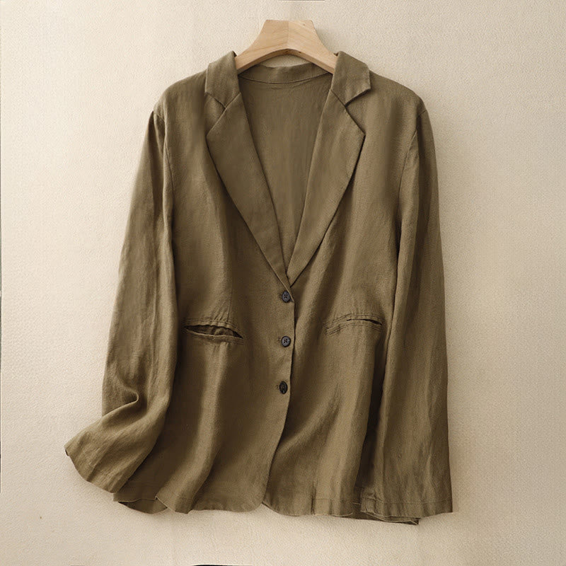Buddha Stones Commute Retro Pure Color Lapel Cotton Linen Women's Jacket With Pockets