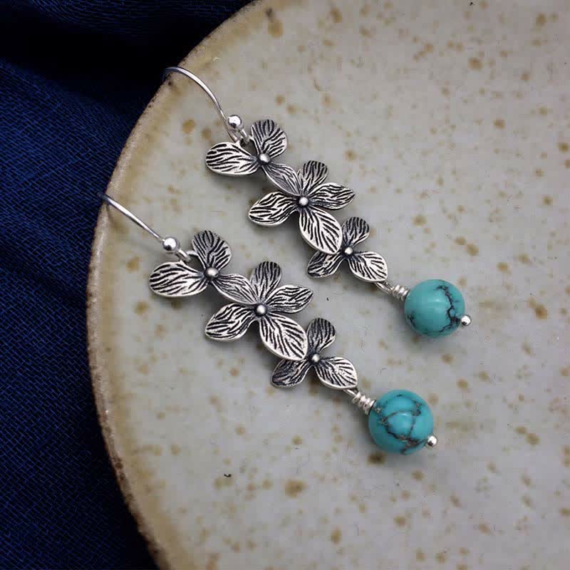 Buddha Stones 925 Sterling Silver Turquoise Lazurite Flower Leaf Serenity Protection Hook Drop Dangle Earrings