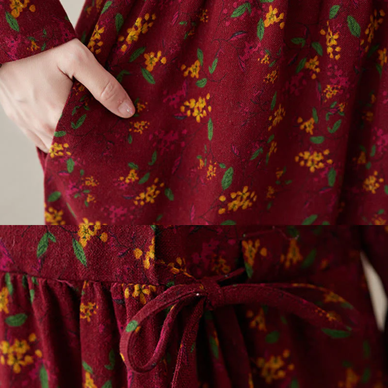 Buddha Stones Casual Ethnic Printing Floral Buttons Design Cotton Linen Midi Dress With Pockets