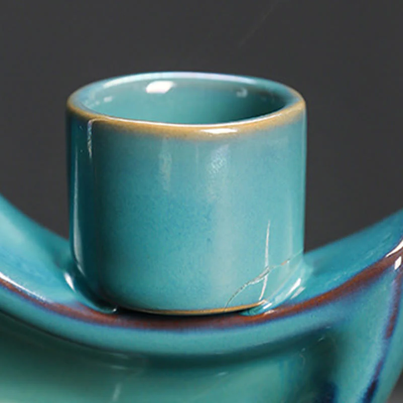 Buddha Stones Blue Crescent Moon Ceramic Backflow Smoke Fountain Meditation Candlestick Incense Burner Decoration