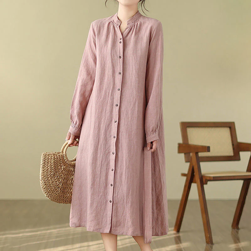 Buddha Stones Casual Plain Drawstring Button Cotton Linen Midi Dress With Pockets