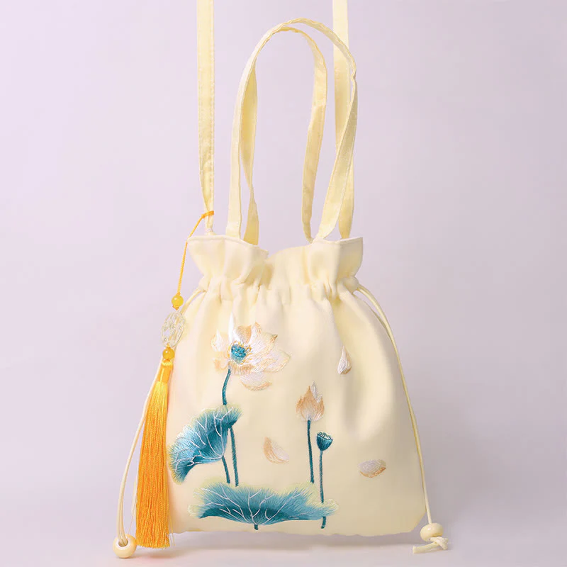 Buddha Stones Lotus Peony Epiphyllum Phoenix Suzhou Embroidery Cotton Linen Tote Crossbody Bag Shoulder Bag Handbag