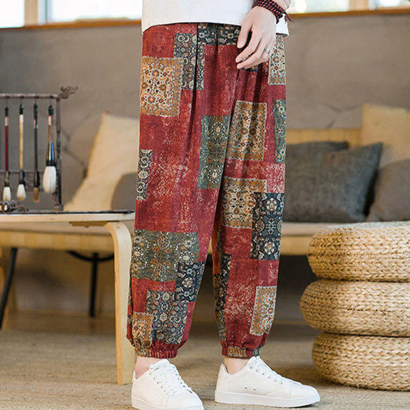 Buddha Stones Summer Square Patchwork Cotton Linen Men's Ankle-Length Harem Pants With Pockets
