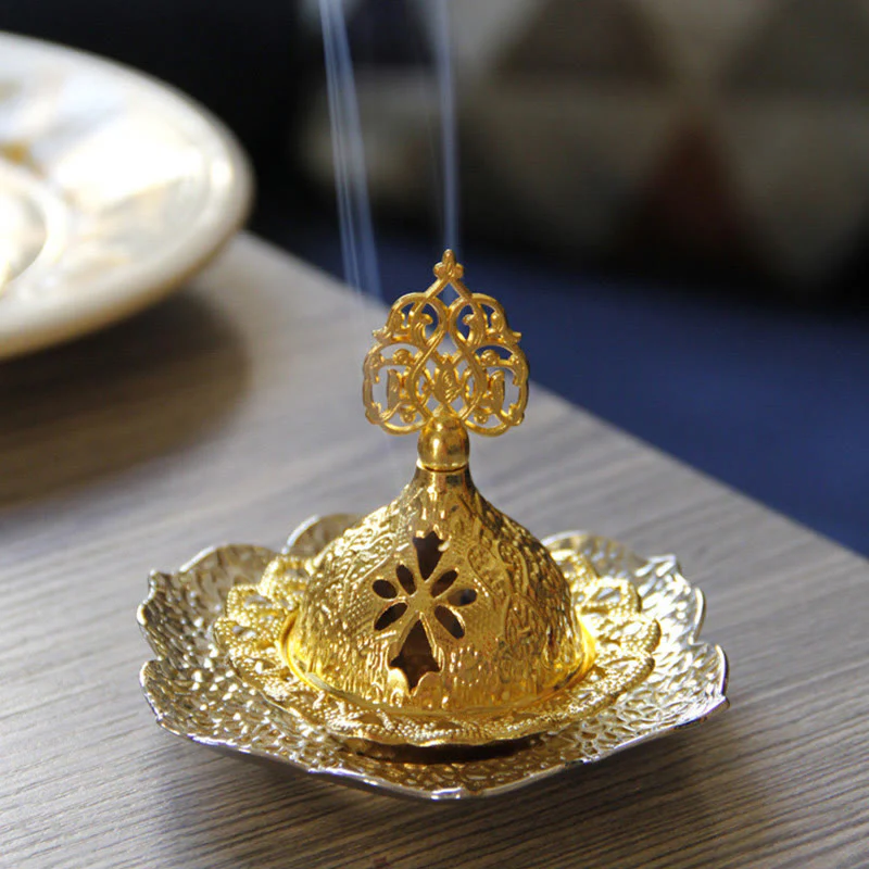 Buddha Stones Gold Leaf Coaster Spiritual Mini Alloy Metal Incense Burner