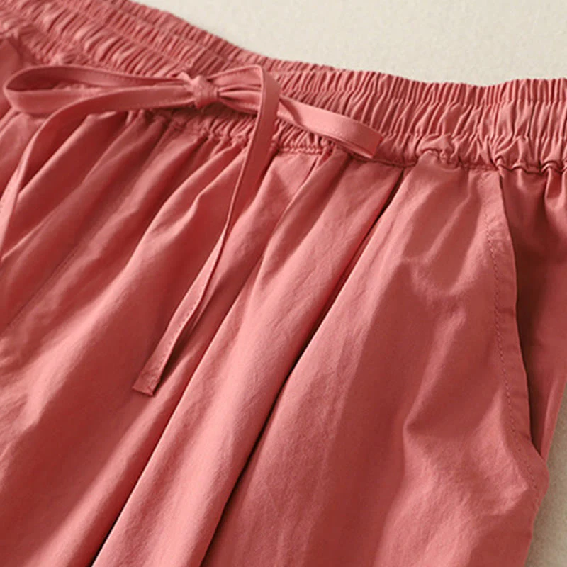 Buddha Stones Casual Ruffle Hem Patchwork Design Drawstring Ankle-length Women's Cotton Pants With Pockets