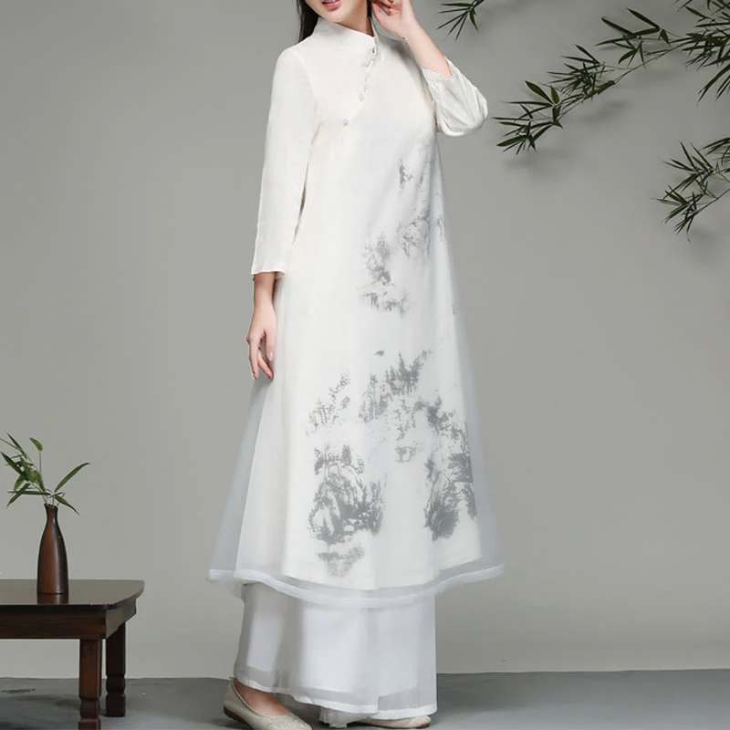 Buddha Stones  Chinese Frog-Button Design Long Sleeve Chiffon Midi Dress