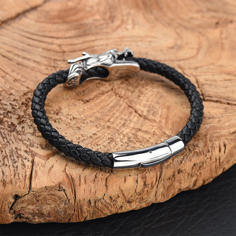 Buddha Stones Dragon Leather Titanium Steel Strength Buckle Bracelet