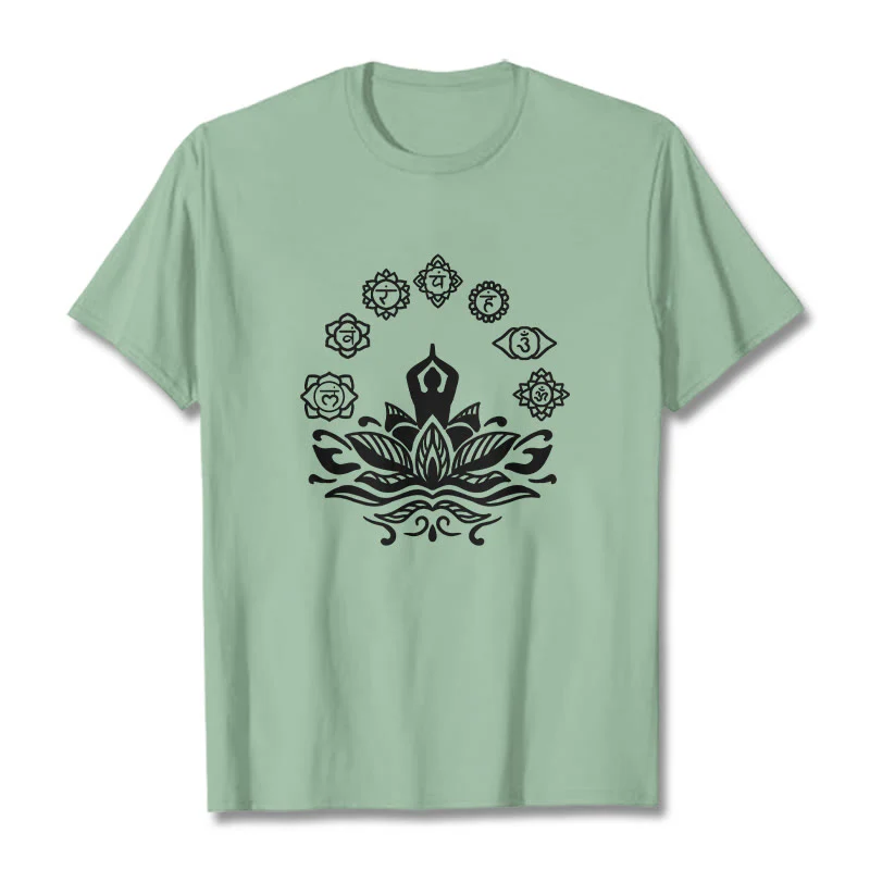 Buddha Stones Casual Meditating Figure Lotus Flower Seven Chakras Pattern Cotton Tee T-Shirt