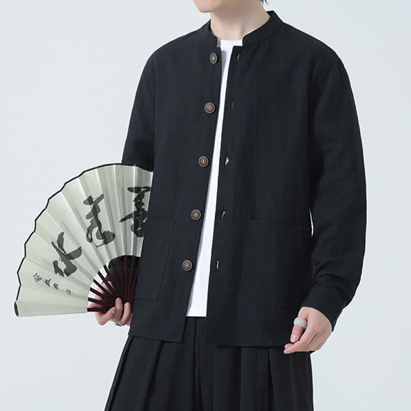 Buddha Stones Men's Button Ramie Linen Cotton Fleece Lined Jacket Shirt With Pockets