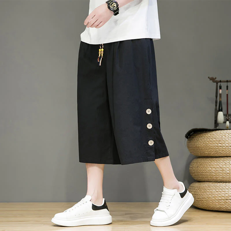Buddha Stones Casual Plain Side Button Design Drawstring Men's Cotton Cropped Pants With Pockets