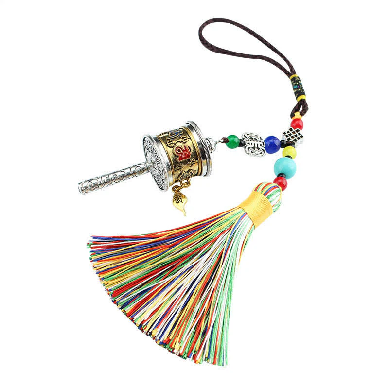Buddha Stones Tibet Om Mani Padme Hum Prayer Wheel Tassel Bag Car Hanging Decoration