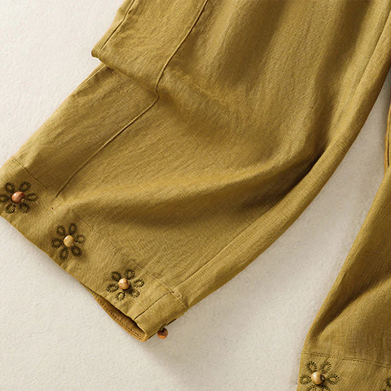 Buddha Stones Casual Embroided Bead Drawstring Women's Wide Leg Cotton Pants With Pockets