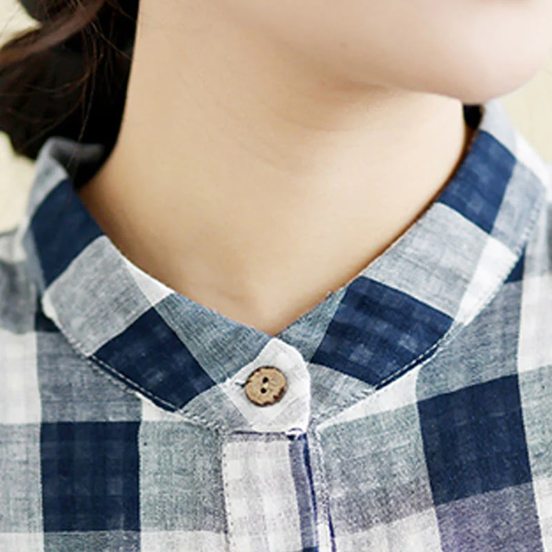 Buddha Stones Casual Plaid Pattern Half Sleeve Cotton Linen Midi Dress With Pockets