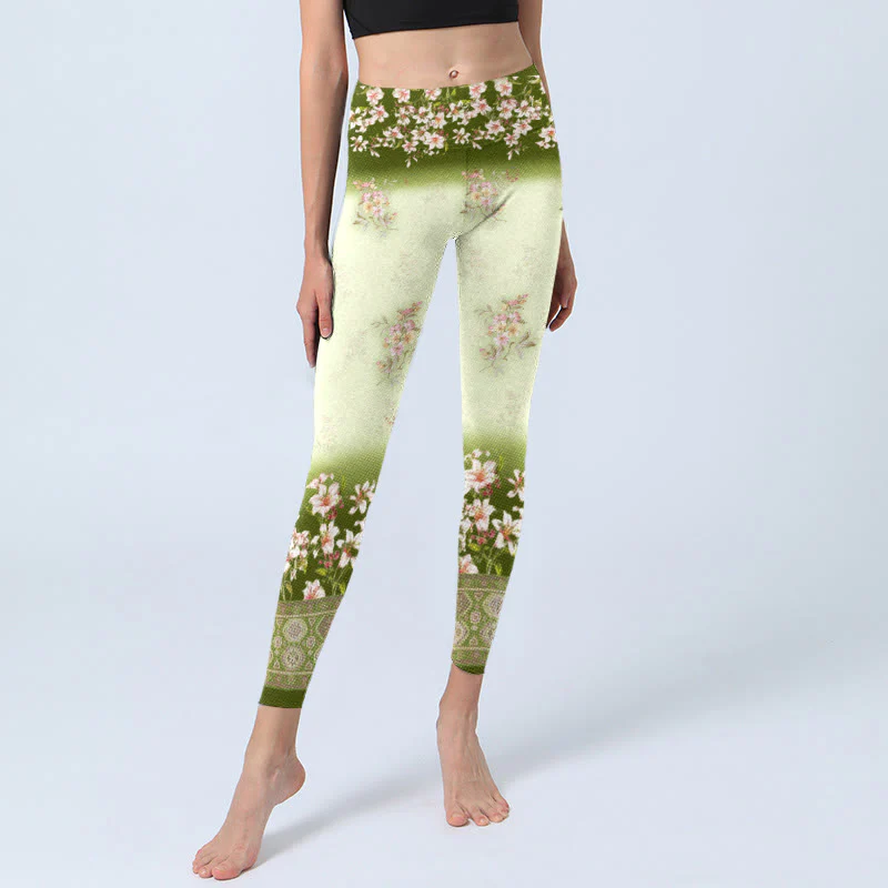 Buddha Stones Pink Flowers Green Leaves Print Gym Leggings Women's Yoga Pants