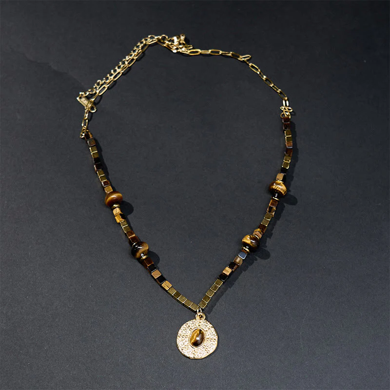 Buddha Stones Natural Tiger Eye Square Protection Titanium Steel Necklace Pendant