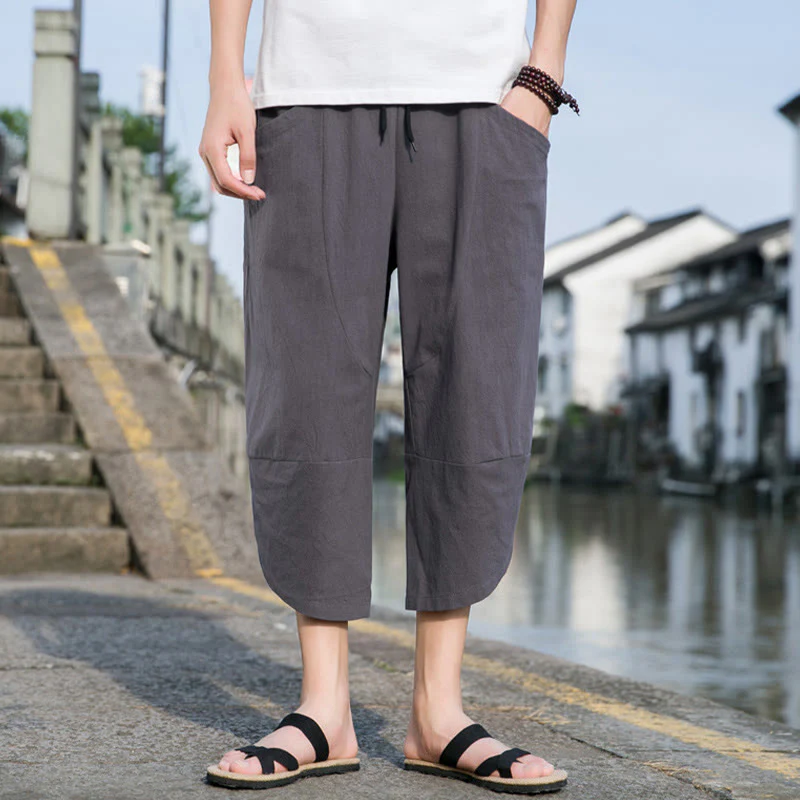 Buddha Stones Summer Casual Simple Plain Tapered Design Drawstring Men's  7-8 Length Cotton Linen Pants With Pockets