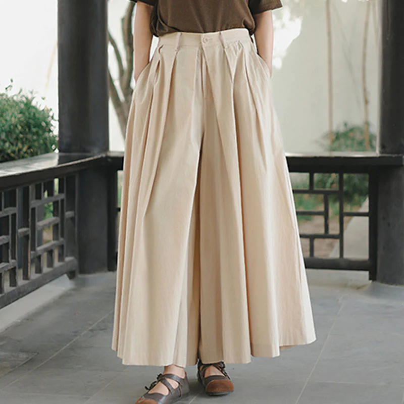 Buddha Stones Casual Plain Loose Cotton Women's Wide Leg Pants With Pockets