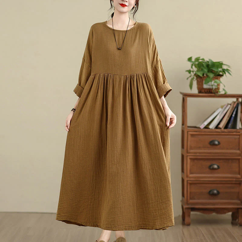 Buddha Stones Vintage Casual Pure Color Long Sleeve Cotton Linen Midi Dress With Pockets