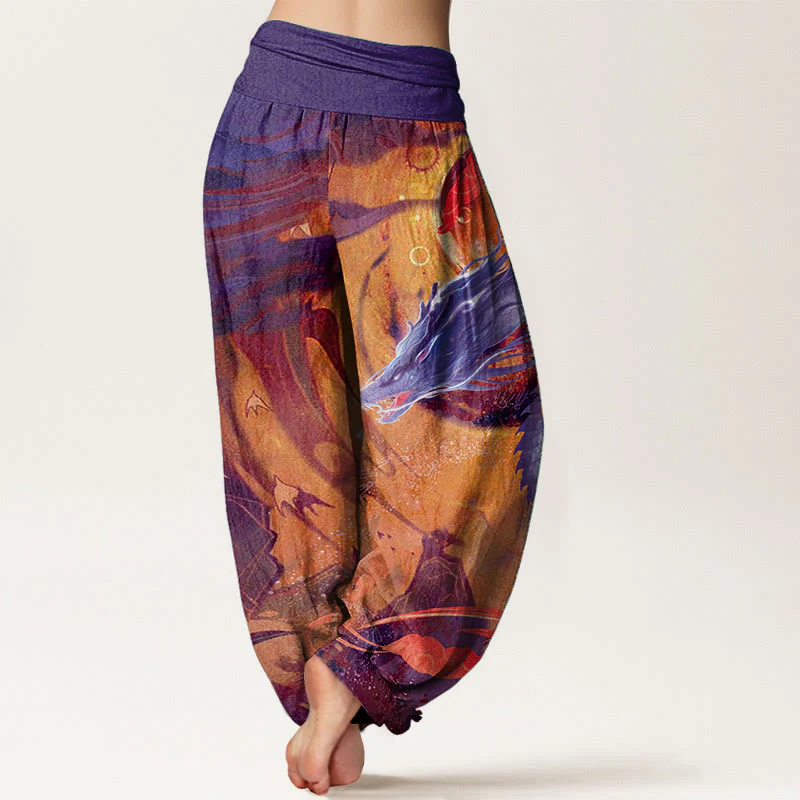 Buddha Stones Pure Cotton Dragon Auspicious Clouds Pattern Women's Elastic Waist Harem Pants