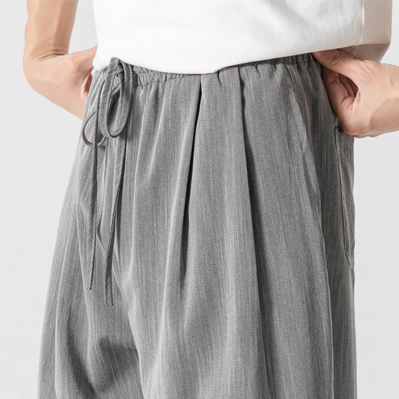 Buddha Stones Summer Casual Plain Straight Leg Design Men's Cotton Linen Drawstring Pants With Pockets