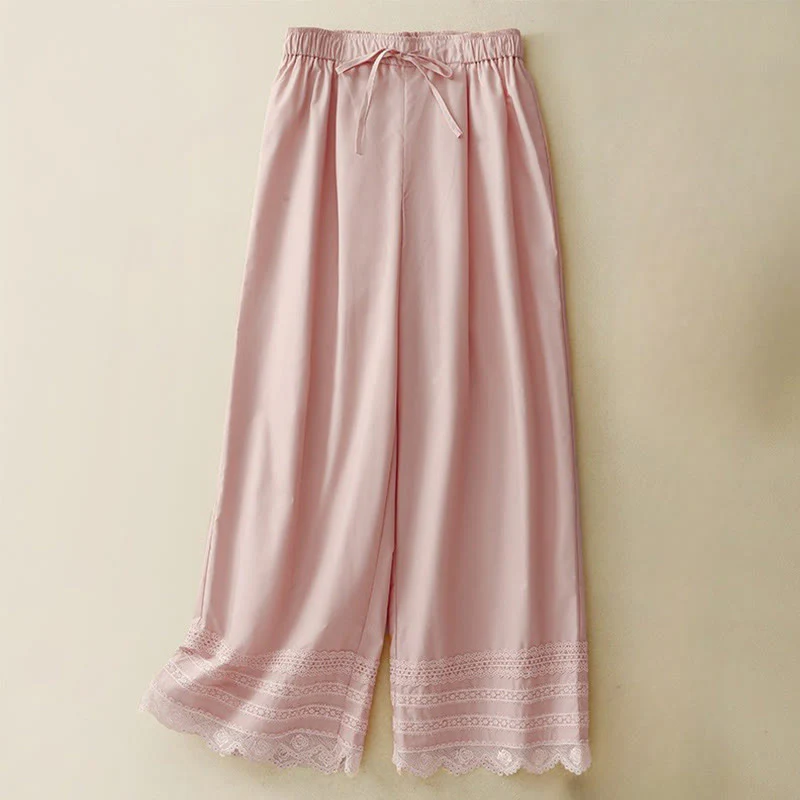 Buddha Stones Commute Plain Lace Patchwork Drawstring Design Women's Wide Leg Cotton Ankle-Length Pants With Pockets