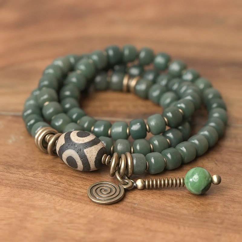Buddha Stones Cyan Bodhi Seed Dzi Bead Wisdom Peace Triple Wrap Bracelet