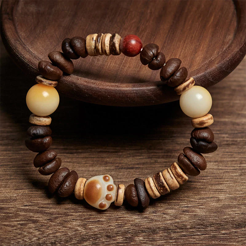 Buddha Stones Handmade Cat's Paw Coffee Beans Bodhi Seed Bracelet