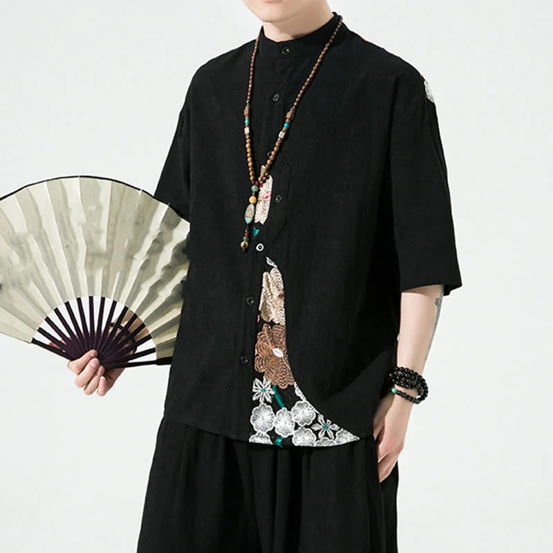 Buddha Stones Embroidery Patchwork Simple Design Three Quarter Sleeve Men's Cotton Linen Shirt